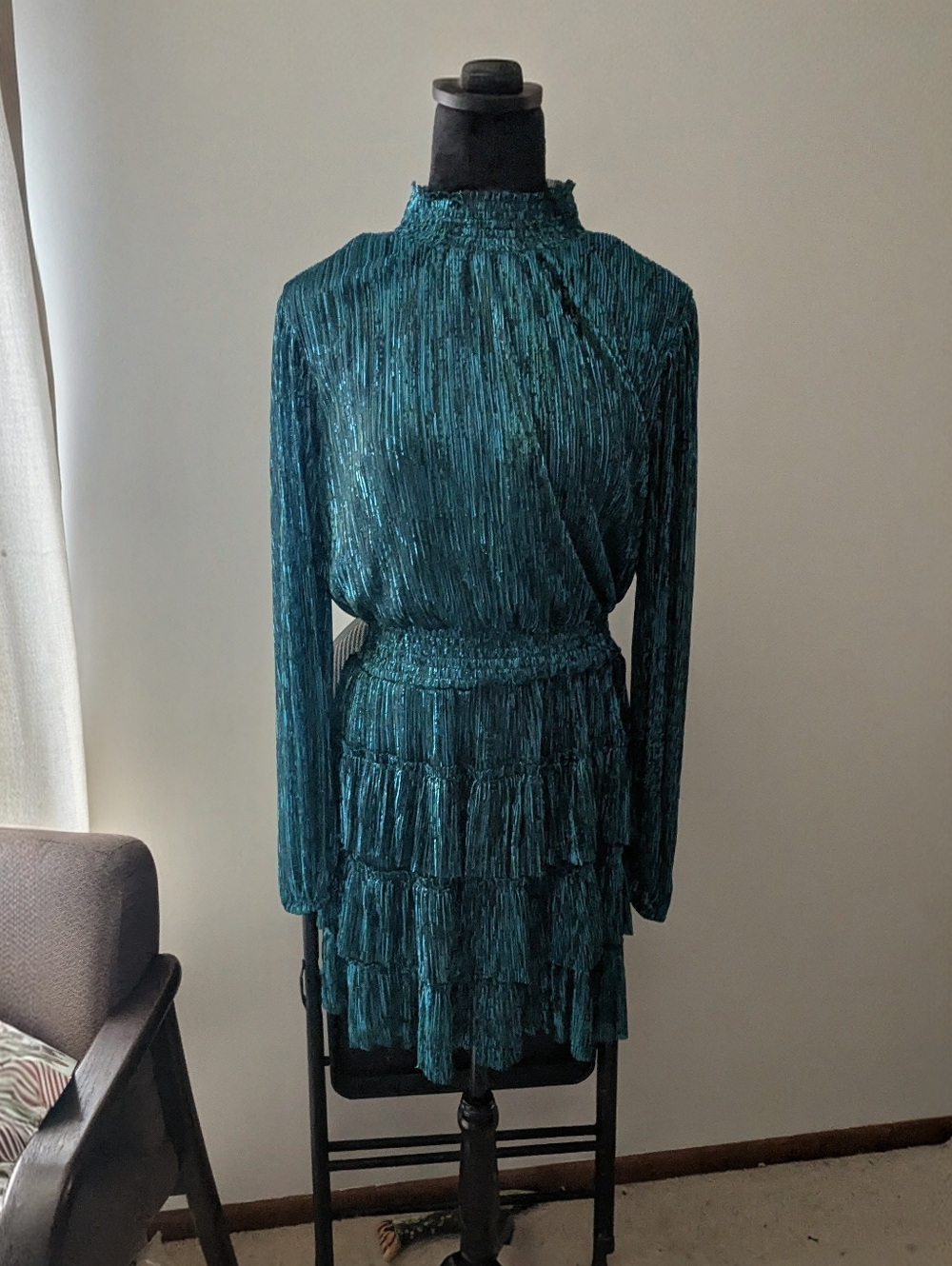 Teal Metallic Long-Sleeve Tiered Mini Dress